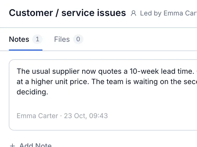 Notes recorded under Customer / service issues during the Service Review.